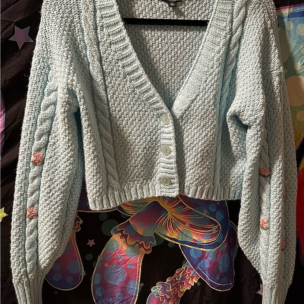 Sky blue cropped cardigan, with flower detailed sleeves